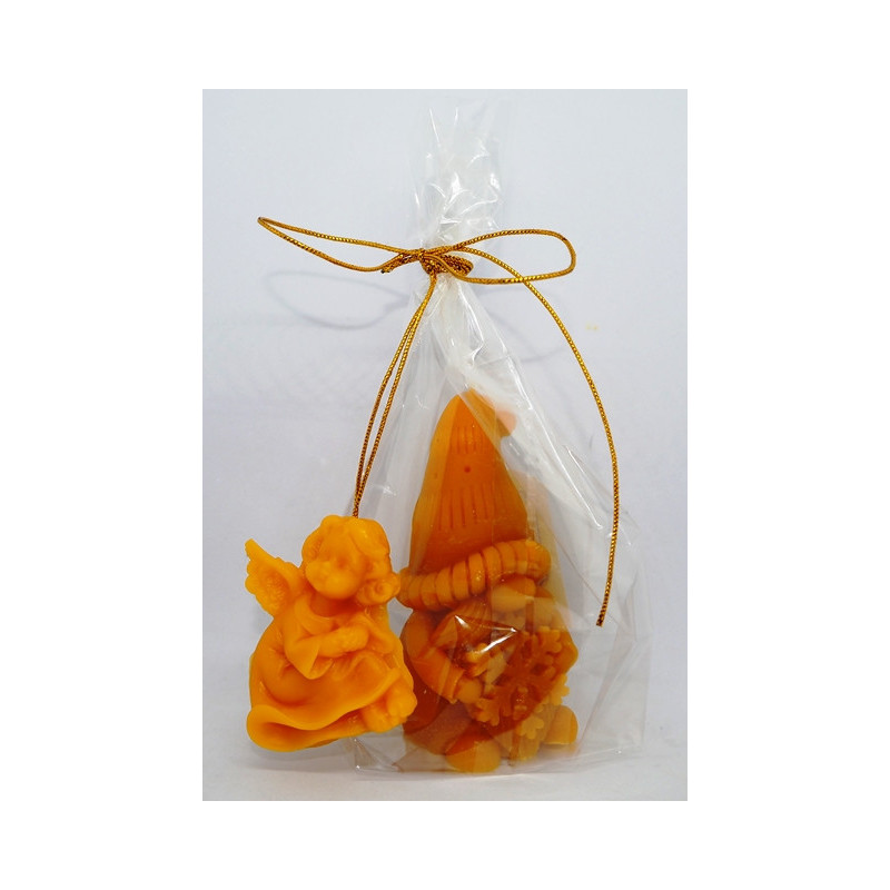 Vianočný darček pre potešenie - sviečka škriatok so  snehovou vločkou, anjelik na stromček - včelí vosk spolu 80 g